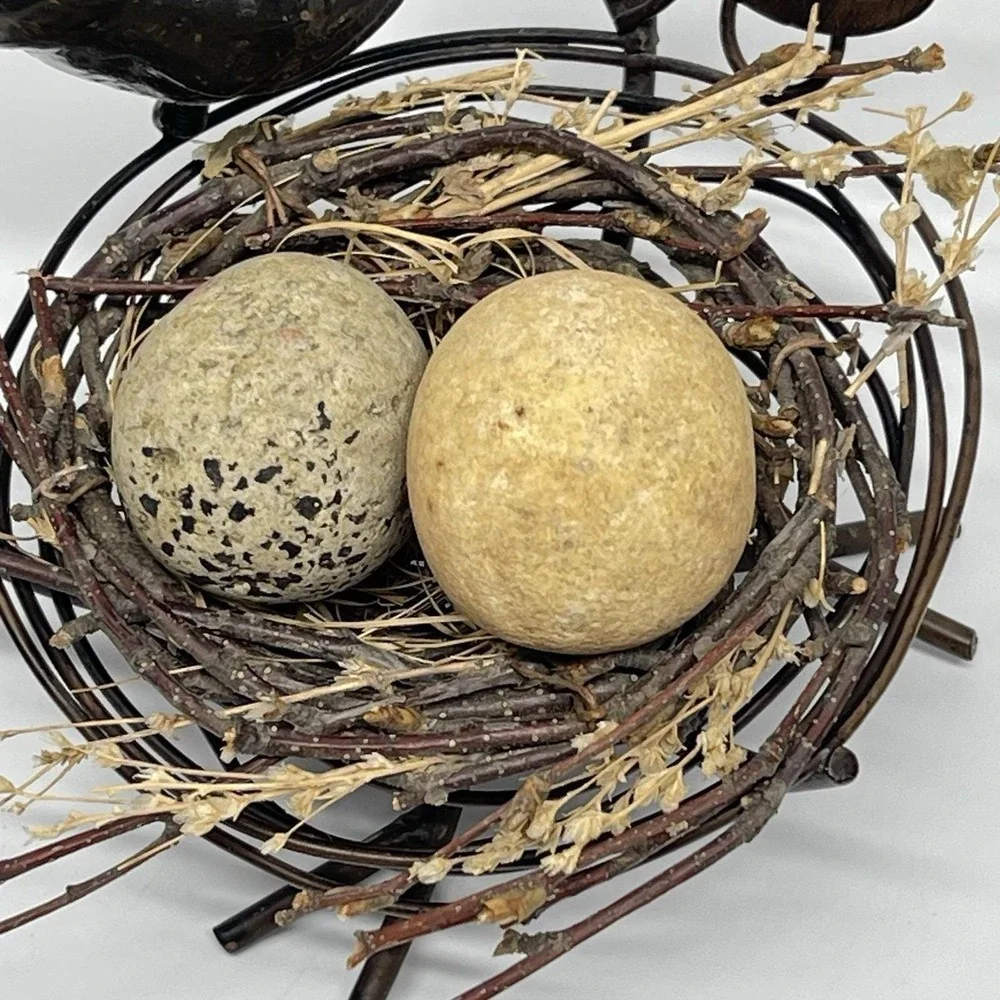 Vintage Decorative Bird Nest Sitter Solid Metal, Twigs & Real Rock Eggs Rustic
